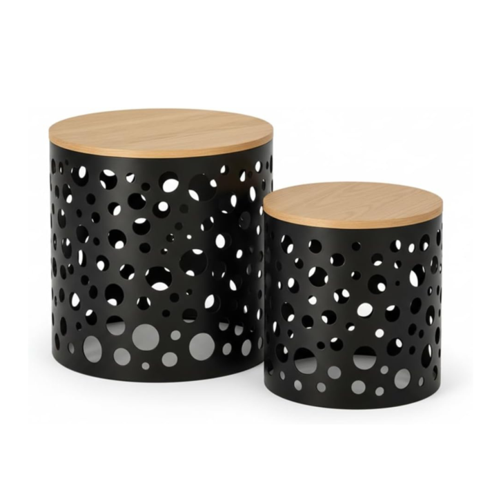 Cribel Set Tavolini da Salotto Circle in Rovere e Metallo Nero Design Moderno